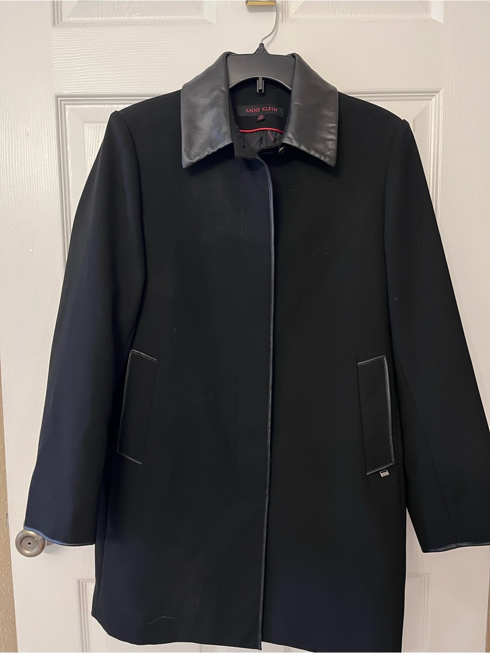 Anne Klein Black Dayweather Coat with Leather Trim and Red Pipping